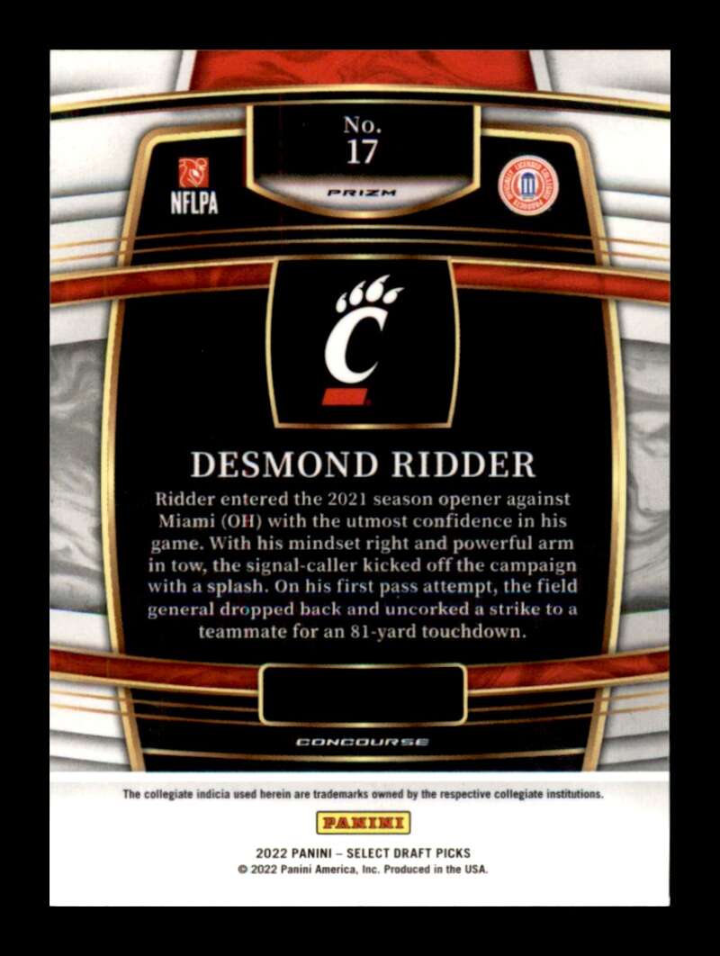 Load image into Gallery viewer, 2022 Panini Select Draft Red Lazer Prizm Desmond Ridder #17 Rookie RC Cincinnati Bearcats  Image 2
