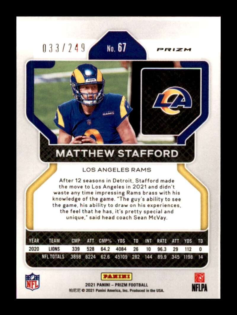 Load image into Gallery viewer, 2021 Panini Prizm Orange Prizm Matthew Stafford #67 SP /249 Los Angeles Rams  Image 2
