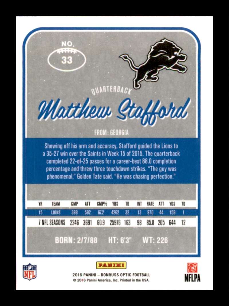 Load image into Gallery viewer, 2016 Donruss Optic Holo Matthew Stafford #33 Silver Prizm Detroit Lions  Image 2
