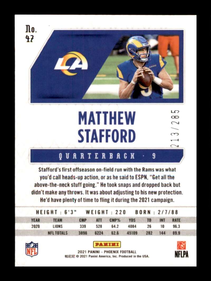 Load image into Gallery viewer, 2021 Panini Phoenix Red Lazer Matthew Stafford #47 SP Los Angeles Rams /285  Image 2
