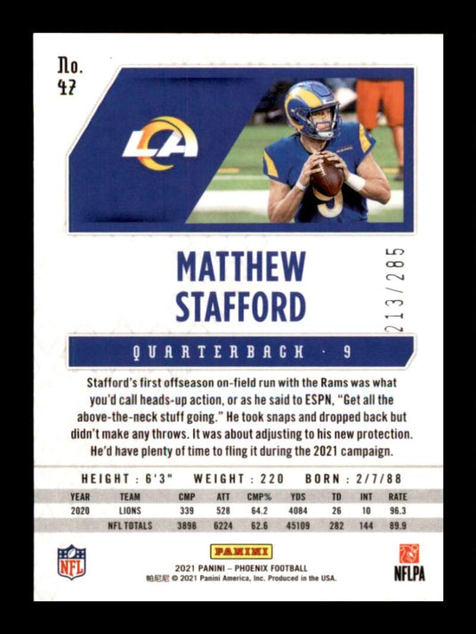 2021 Panini Phoenix Red Lazer Matthew Stafford 