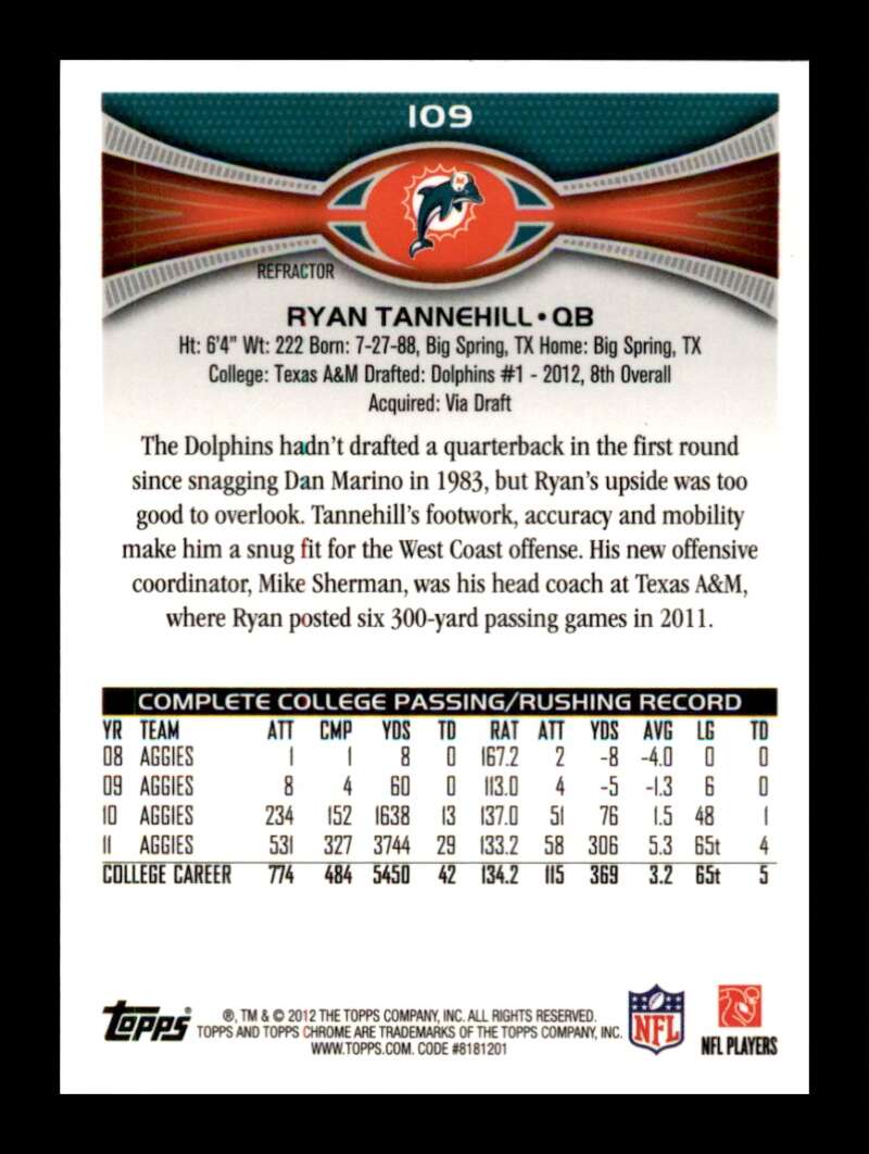 Load image into Gallery viewer, 2012 Topps Chrome Refractors Ryan Tannehill #109 Rookie RC Miami Dolphins  Image 2
