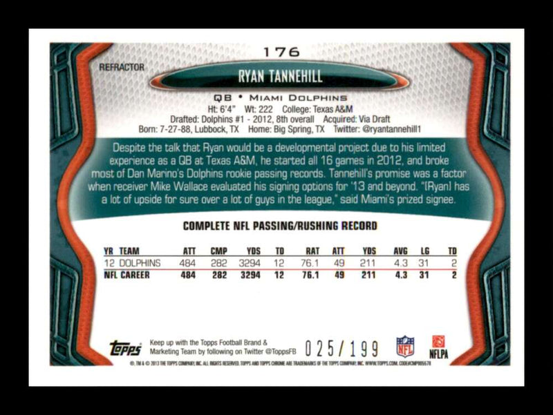 Load image into Gallery viewer, 2013 Topps Chrome Blue Refractor Ryan Tannehill #176 SP /199 Miami Dolphins  Image 2
