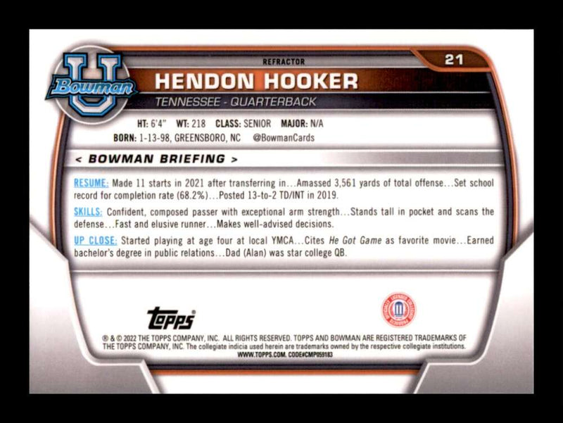 Load image into Gallery viewer, 2022 Bowman University Chrome Refractor Hendon Hooker #21 Rookie RC Tennessee Volunteers  Image 2
