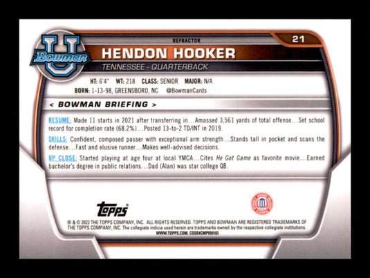 2022 Bowman University Chrome Refractor Hendon Hooker 