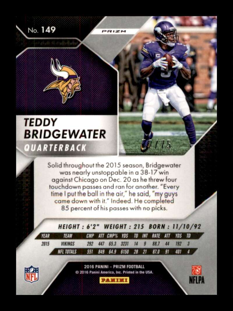 Load image into Gallery viewer, 2016 Panini Prizm Red Crystals Prizm Teddy Bridgewater #149 SP /75 Minnesota Vikings  Image 2
