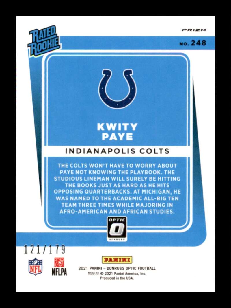 Load image into Gallery viewer, 2021 Donruss Optic Blue Prizm Kwity Paye #248 Rookie RC /179 Indianapolis Colts  Image 2
