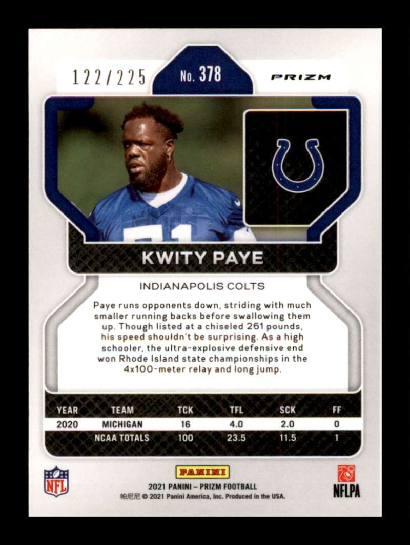 Load image into Gallery viewer, 2021 Panini Prizm Purple Ice Prizm Kwity Paye #378 Rookie RC /225 Indianapolis Colts  Image 2
