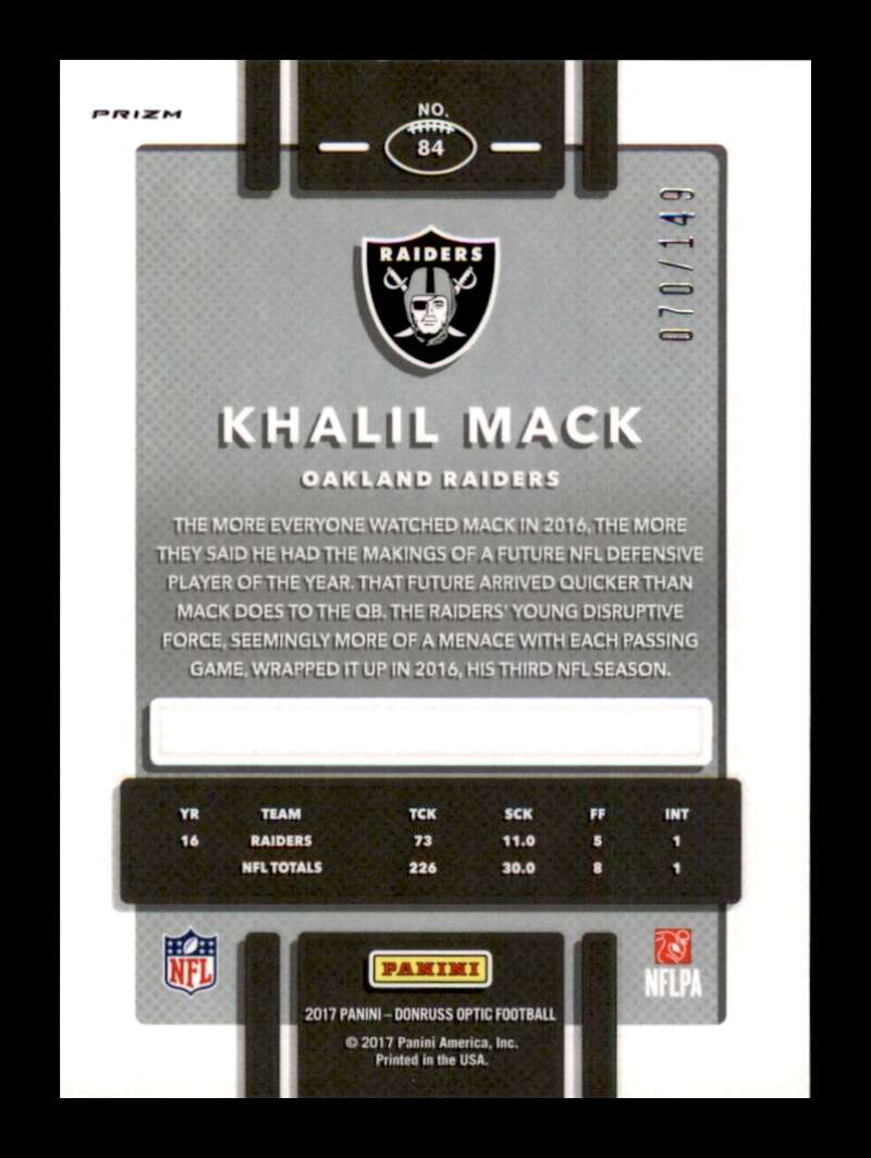 Load image into Gallery viewer, 2017 Donruss Optic Blue Prizm Khalil Mack #84 SP /149 Oakland Raiders  Image 2
