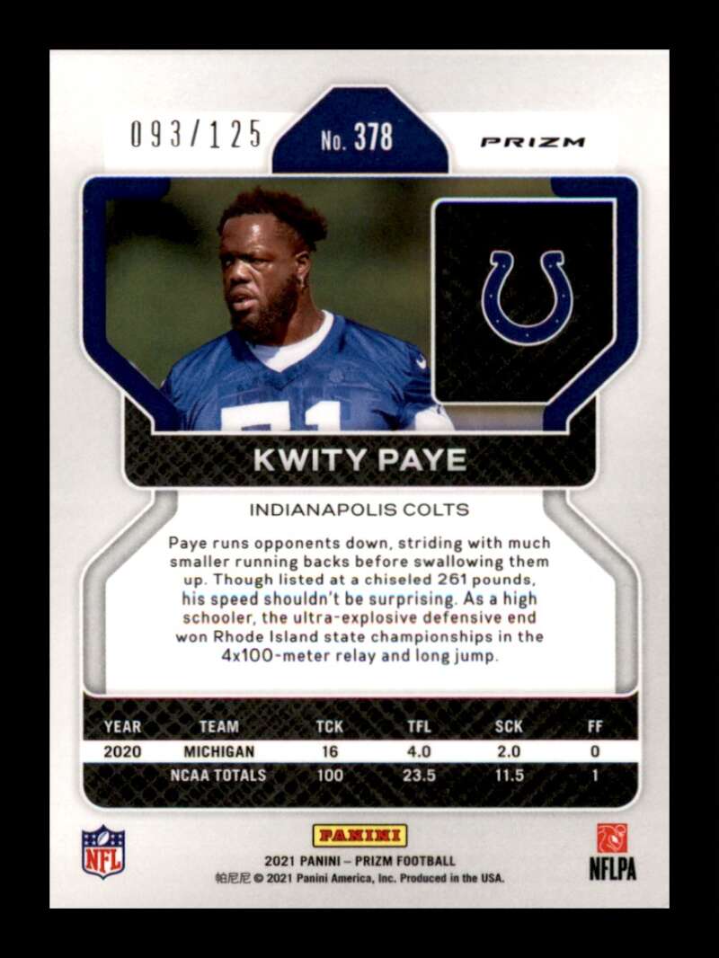 Load image into Gallery viewer, 2021 Panini Prizm Purple Prizm Kwity Paye #378 Rookie RC /125 Indianapolis Colts  Image 2
