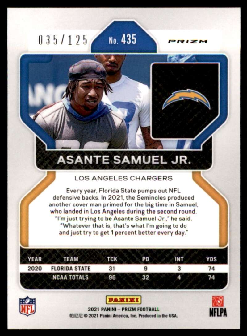 Load image into Gallery viewer, 2021 Panini Prizm Purple Prizm Asante Samuel Jr. #435 Rookie RC /125 Los Angeles Chargers  Image 2
