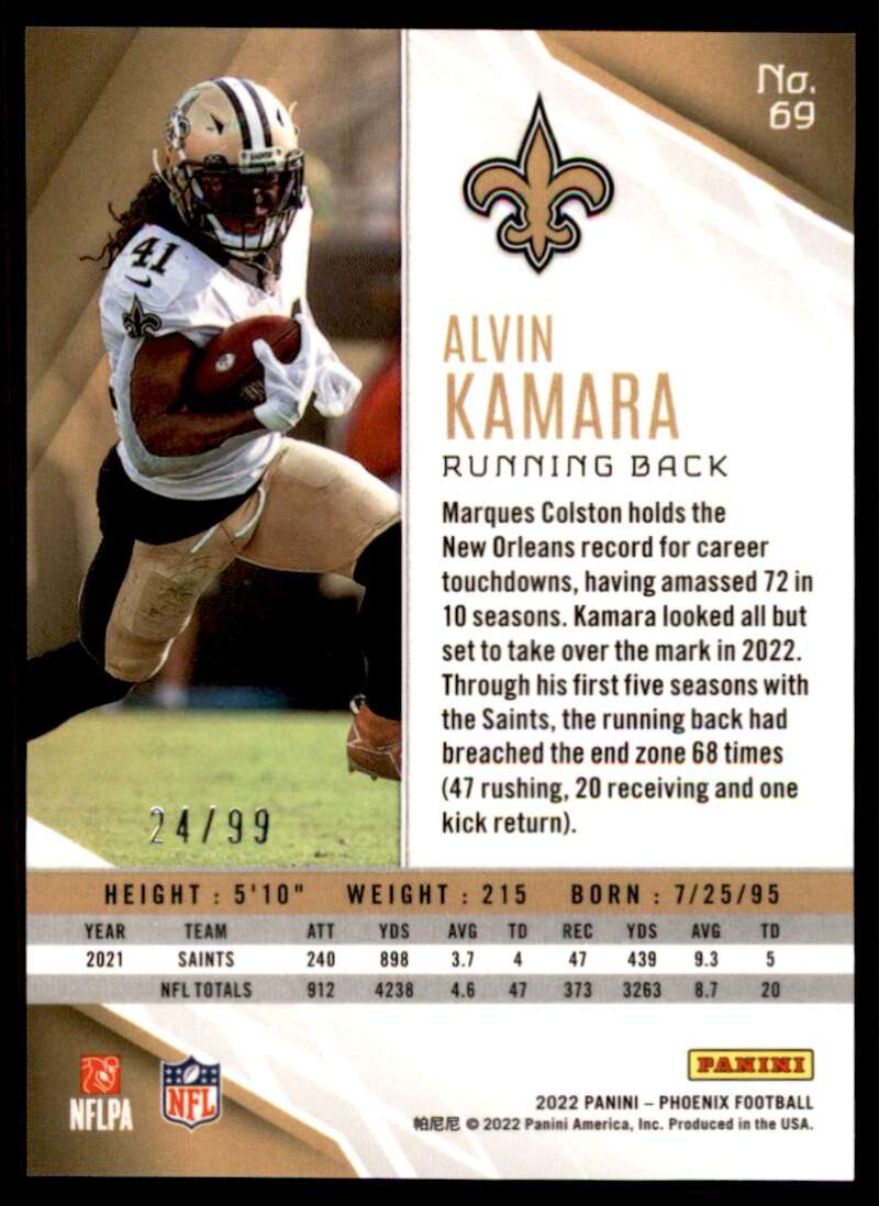 Load image into Gallery viewer, 2022 Panini Phoenix Orange Alvin Kamara #69 SP /99 New Orleans Saints  Image 2
