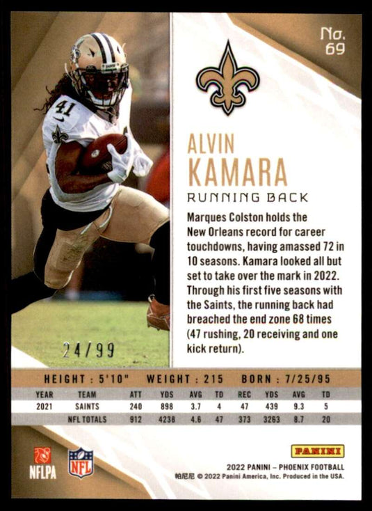 2022 Panini Phoenix Orange Alvin Kamara 