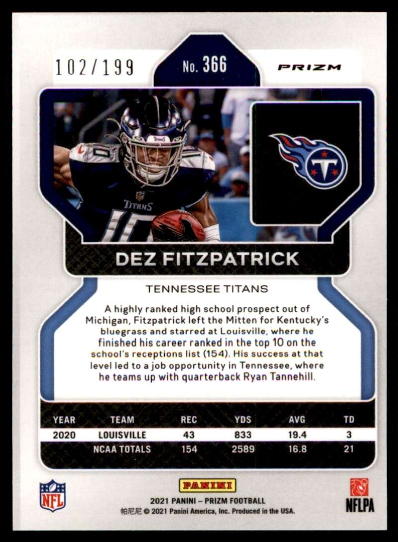 Load image into Gallery viewer, 2021 Panini Prizm Blue Wave Dez Fitzpatrick #366 Rookie RC /199 Tennessee Titans  Image 2
