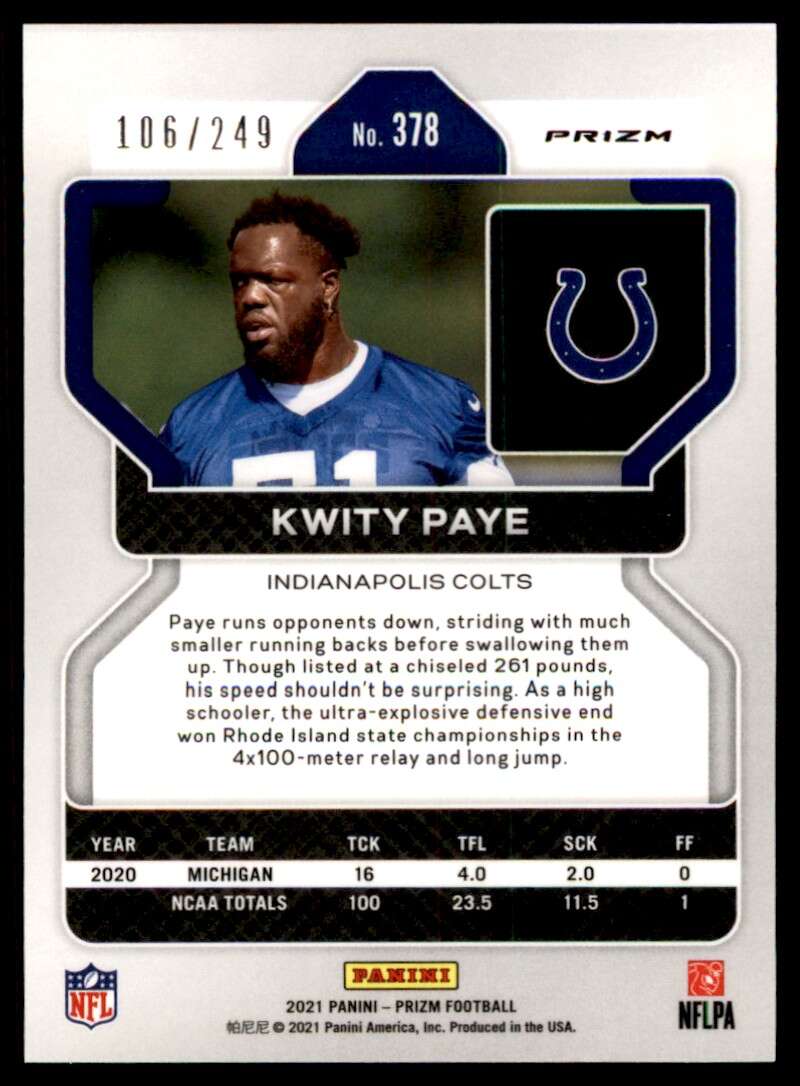 Load image into Gallery viewer, 2021 Panini Prizm Orange Prizm Kwity Paye #378 Rookie RC /249 Indianapolis Colts  Image 2
