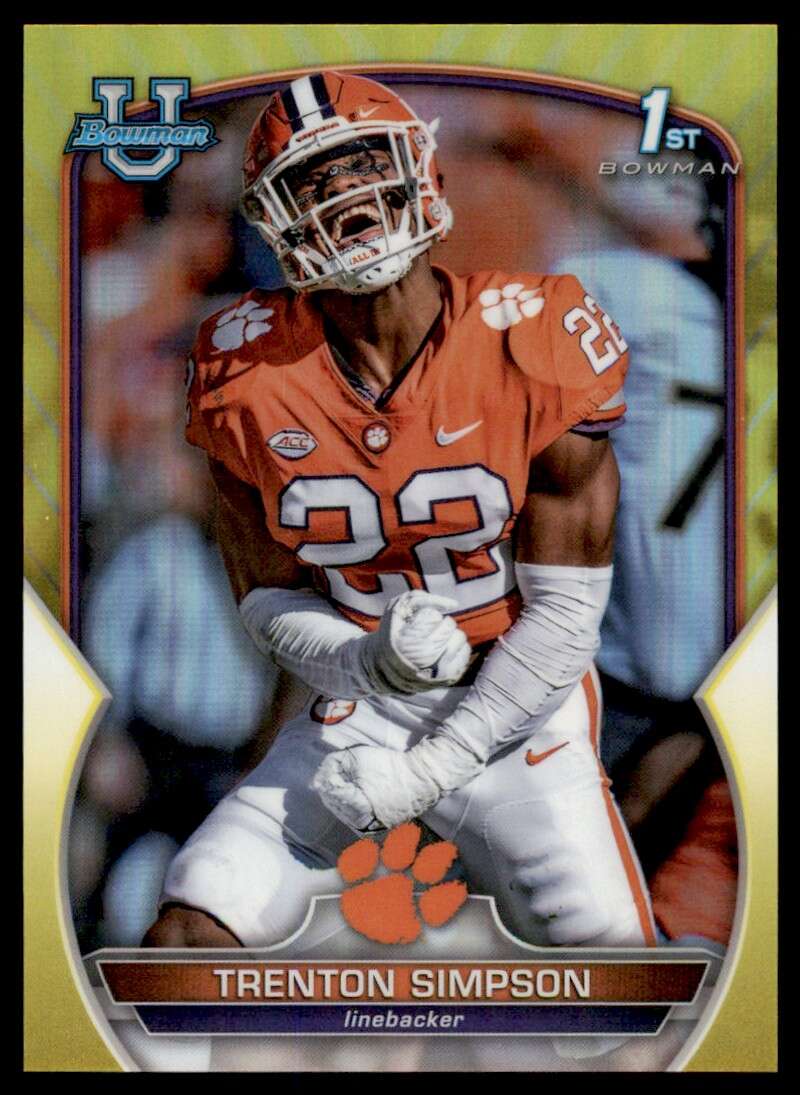 Load image into Gallery viewer, 2022 Boman University Chrome Yellow Refractor Trenton Simpson #45 Rookie RC /75 Clemson Tigers  Image 1
