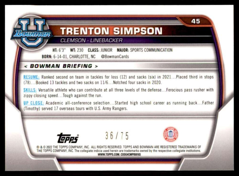 Load image into Gallery viewer, 2022 Boman University Chrome Yellow Refractor Trenton Simpson #45 Rookie RC /75 Clemson Tigers  Image 2
