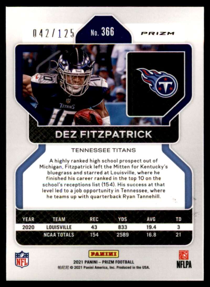 Load image into Gallery viewer, 2021 Panini Prizm Purple Prizm Dez Fitzpatrick #366 Rookie RC /125 Tennessee Titans  Image 2
