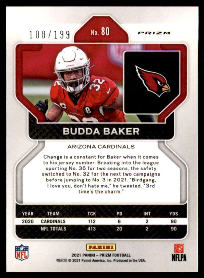 Load image into Gallery viewer, 2021 Panini Prizm Blue Wave Prizm Budda Baker #80 SP /199 Arizona Cardinals  Image 2
