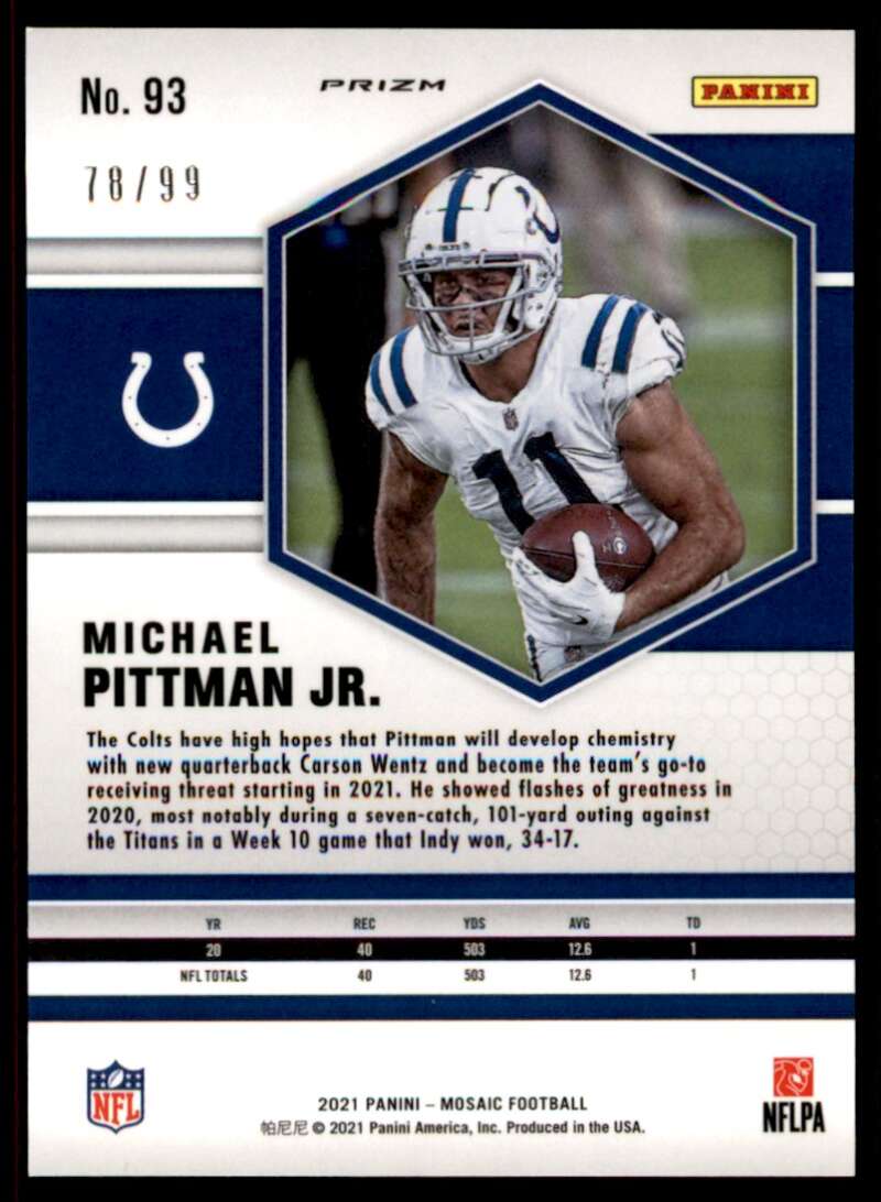 Load image into Gallery viewer, 2021 Panini Mosaic Blue Mosaic Prizm Michael Pittman Jr. #93 SP /99 Indianapolis Colts  Image 2
