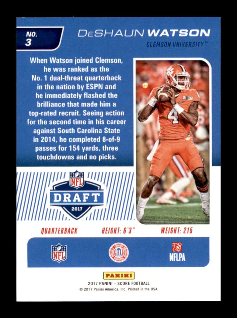 Load image into Gallery viewer, 2017 Score NFL Draft Deshaun Watson #3 Rookie RC Clemson Tigers  Image 2
