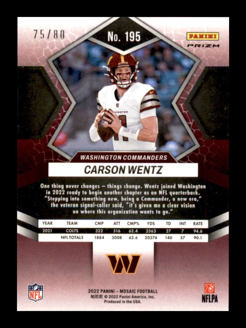 Load image into Gallery viewer, 2022 Panini Mosaic Red Yellow Fusion Choice Prizm Carson Wentz #195 SP /80 Washington Commanders  Image 2
