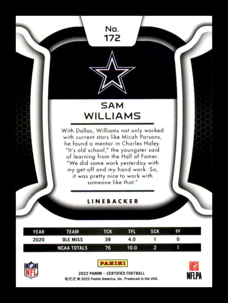 Load image into Gallery viewer, 2022 Panini Certified Teal Mirror Sam Williams #172 Rookie RC /50 Dallas Cowboys  Image 2
