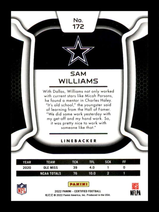 2022 Panini Certified Teal Mirror Sam Williams