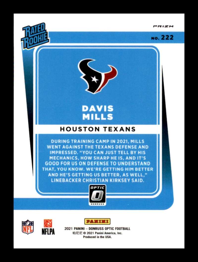 Load image into Gallery viewer, 2021 Donruss Optic Silver Prizm Davis Mills #222 Rookie RC Image Variation Houston Texans  Image 2
