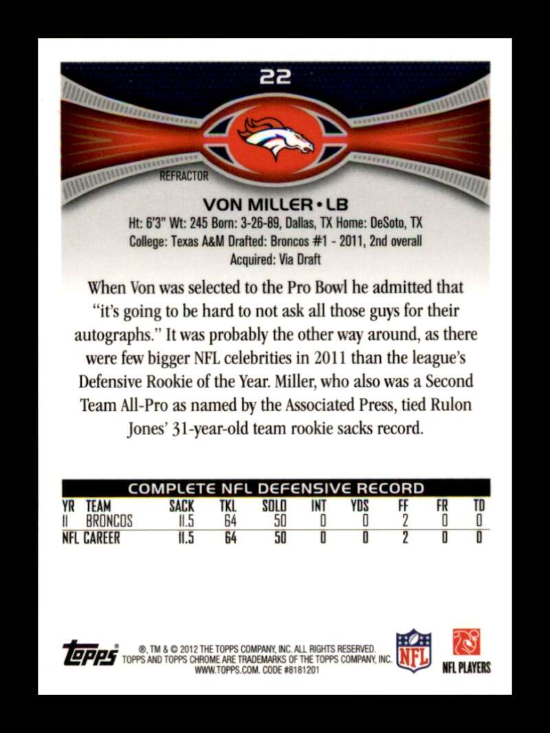 Load image into Gallery viewer, 2012 Topps Chrome Orange Refractor Von Miller #22 Denver Broncos  Image 2
