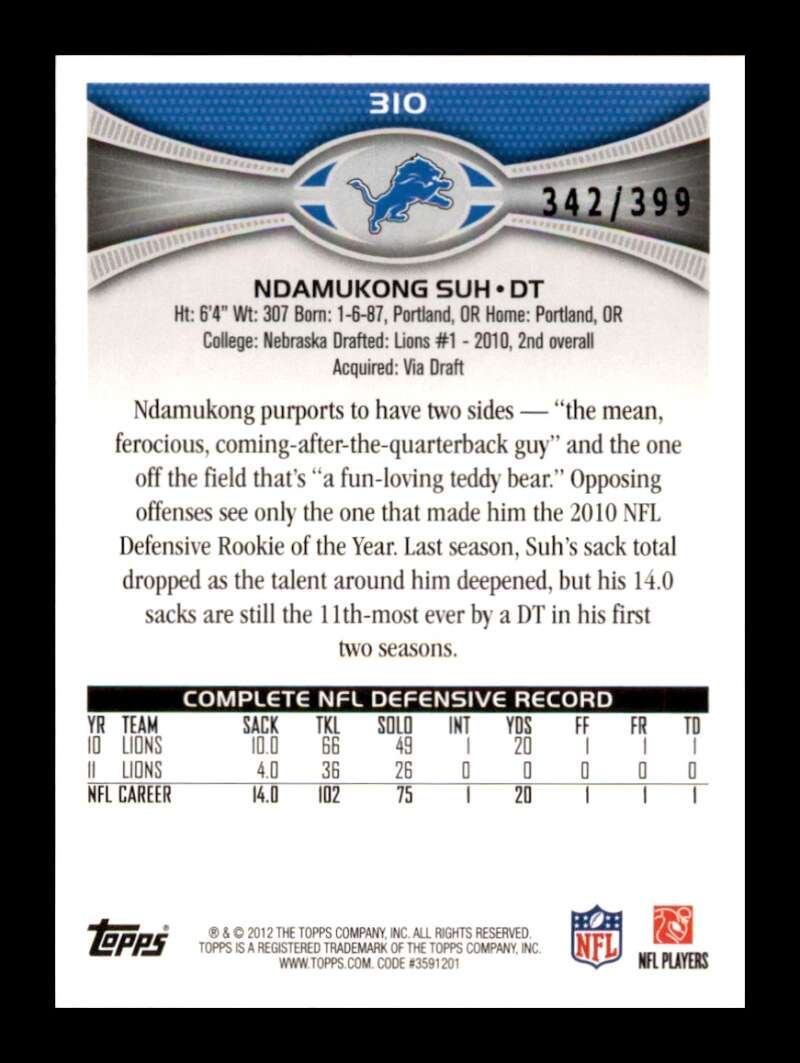 Load image into Gallery viewer, 2012 Topps Pink Ndamukong Suh #310 SP /399 Detroit Lions  Image 2
