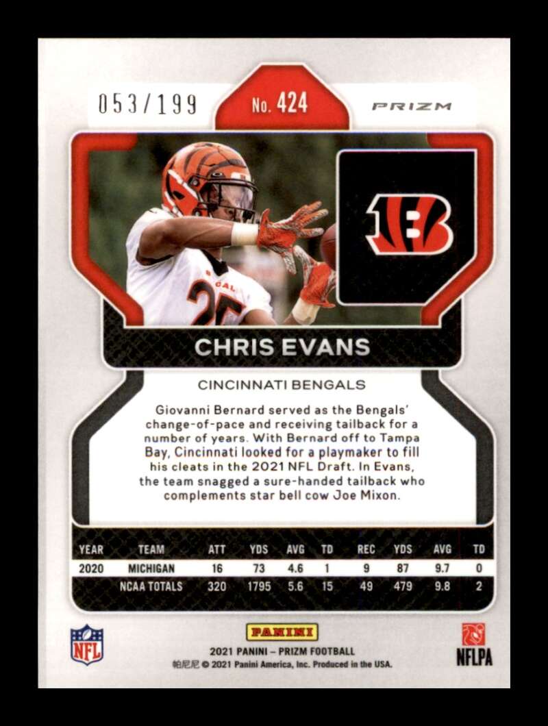 Load image into Gallery viewer, 2021 Panini Prizm Blue Wave Prizm Chris Evans #424 Rookie RC /199 Cincinnati Bengals  Image 2
