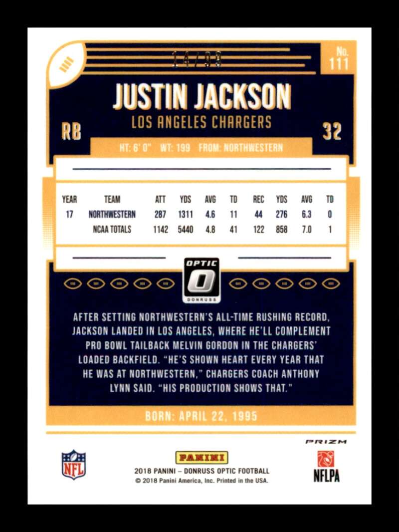 Load image into Gallery viewer, 2018 Donruss Optic Red Prizm Justin Jackson #111 Rookie RC /99 Los Angeles Chargers  Image 2
