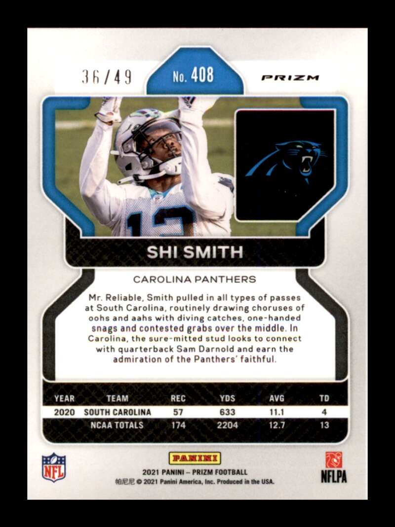 Load image into Gallery viewer, 2021 Panini Prizm Purple Power Prizm Shi Smith #408 Rookie RC /49 Carolina Panthers  Image 2
