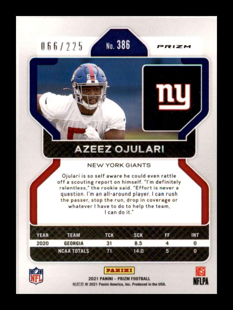 Load image into Gallery viewer, 2021 Panini Prizm Purple Ice Prizm Azeez Ojulari #386 Rookie RC /225 New York Giants  Image 2
