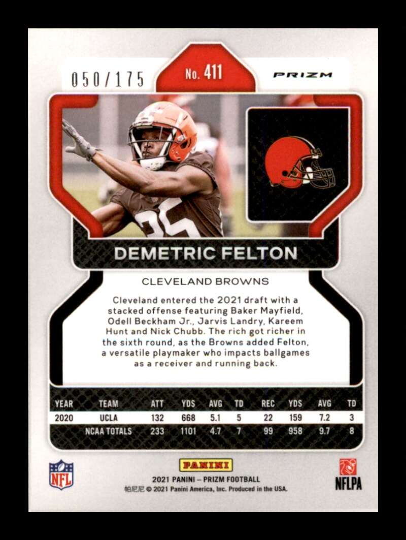 Load image into Gallery viewer, 2021 Panini Prizm Hyper Prizm Demetric Felton #411 Rookie RC /175 Cleveland Browns  Image 2
