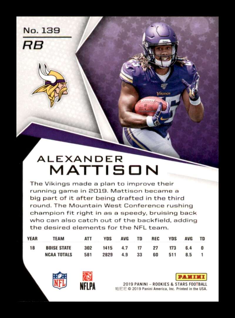 Load image into Gallery viewer, 2019 Panini Rookies &amp; Stars True Blue Alexander Mattison #139 Rookie RC /49 Minnesota Vikings  Image 2
