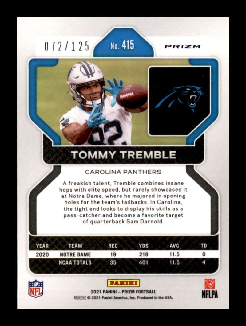 Load image into Gallery viewer, 2021 Panini Prizm Purple Prizm Tommy Tremble #415 Rookie RC /125 Carolina Panthers  Image 2
