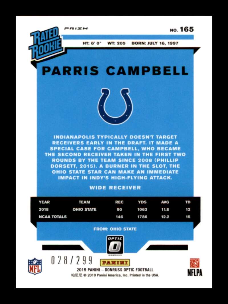 Load image into Gallery viewer, 2019 Donruss Optic Aqua Prizm Parris Campbell #165 Rookie RC /299 Indianapolis Colts  Image 2
