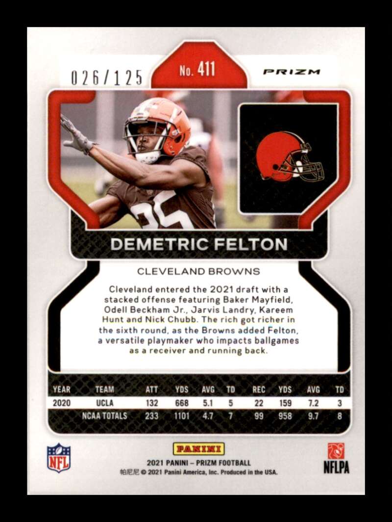 Load image into Gallery viewer, 2021 Panini Prizm Purple Prizm Demetric Felton #411 Rookie RC /125 Cleveland Browns  Image 2
