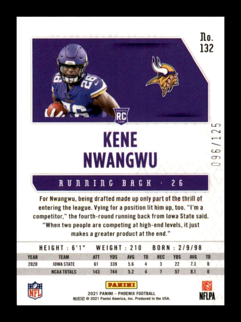 Load image into Gallery viewer, 2021 Panini Phoenix Purple Kene Nwangwu #132 Rookie RC /125 Minnesota Vikings  Image 2
