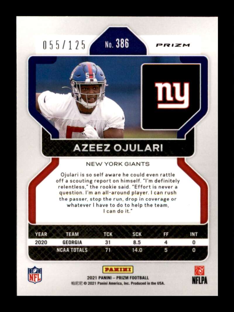 Load image into Gallery viewer, 2021 Panini Prizm Purple Prizm Azeez Ojulari #386 Rookie RC /125 New York Giants  Image 2
