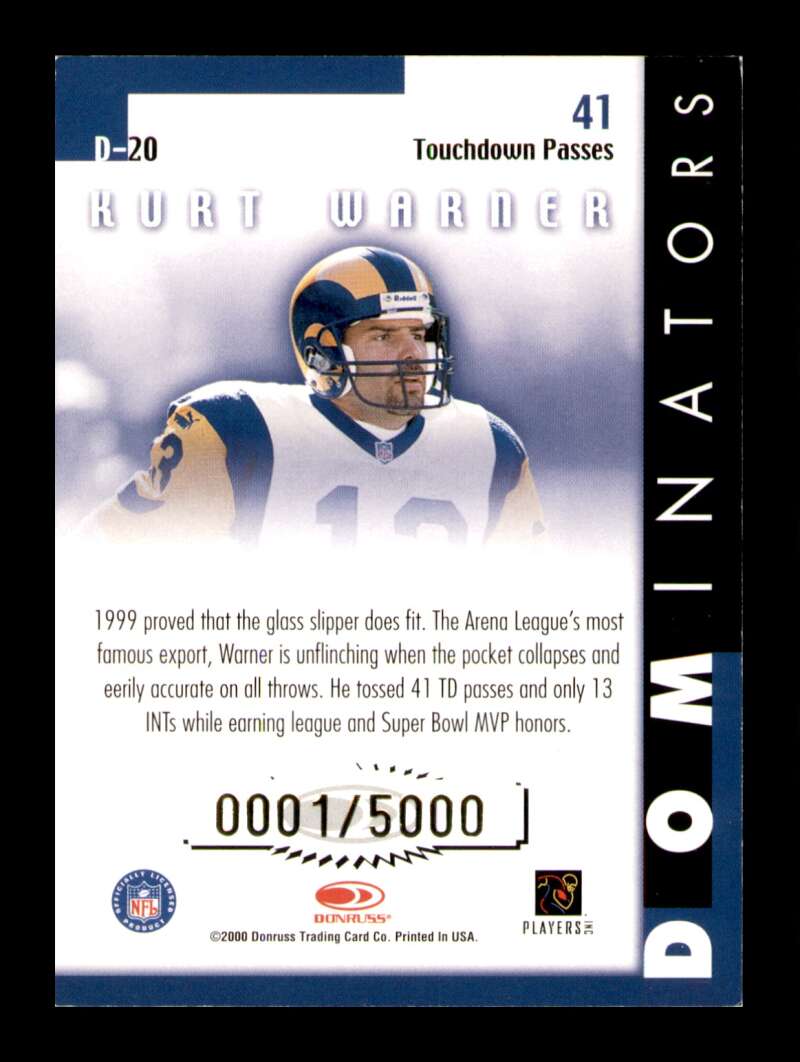 Load image into Gallery viewer, 2000 Donruss Dominators Kurt Warner #D-20 SP 1/5000 St. Louis Rams  Image 2
