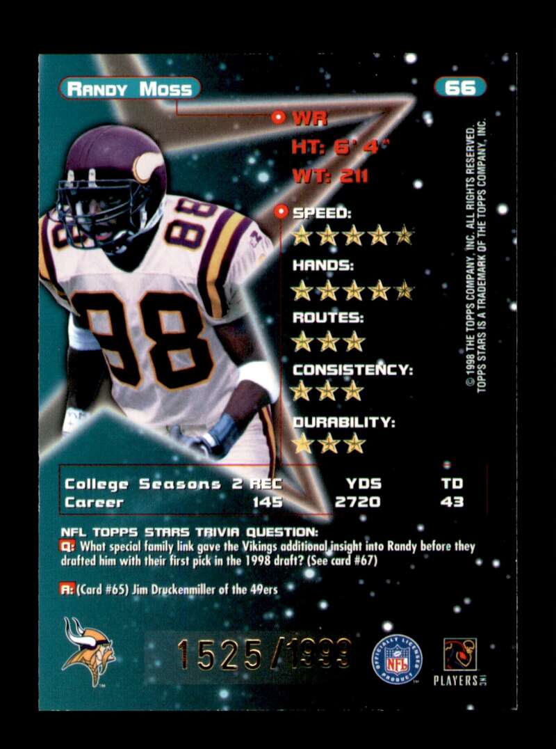 Load image into Gallery viewer, 1998 Topps Stars Gold Randy Moss #66 Rookie RC /1999 Minnesota Vikings  Image 2
