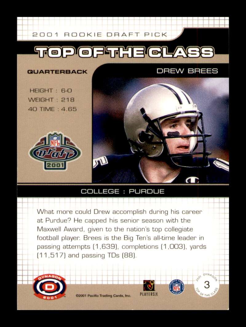 Load image into Gallery viewer, 2001 Pacific Dynagon Top of the Class Drew Brees #3 Rookie RC Purdue Boilermakers  Image 2
