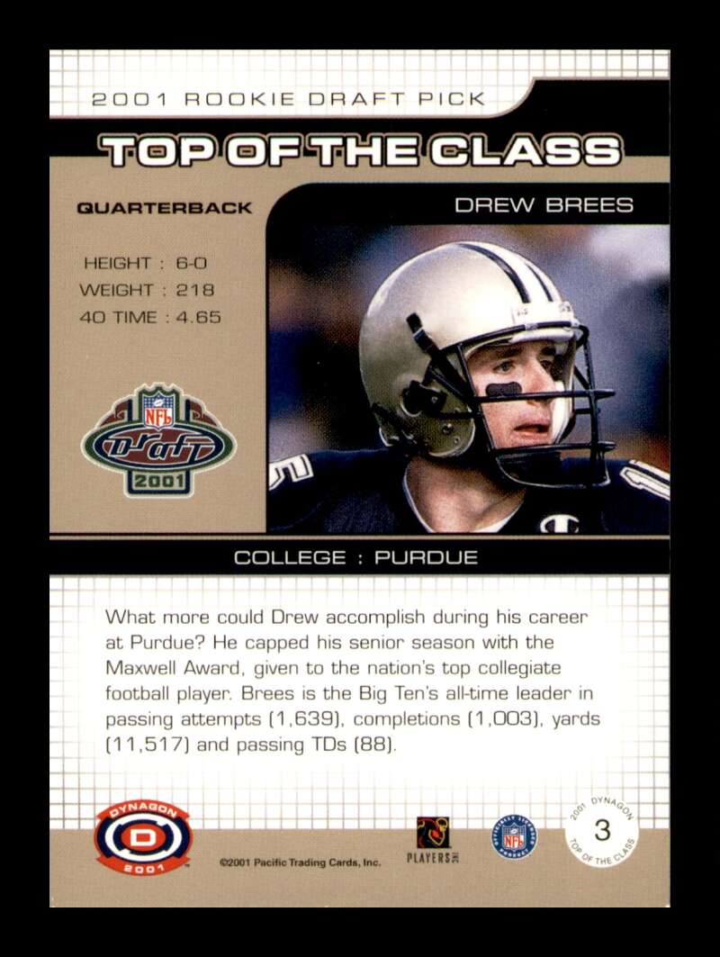 Load image into Gallery viewer, 2001 Pacific Dynagon Top of the Class Drew Brees #3 Rookie RC Purdue Boilermakers  Image 2
