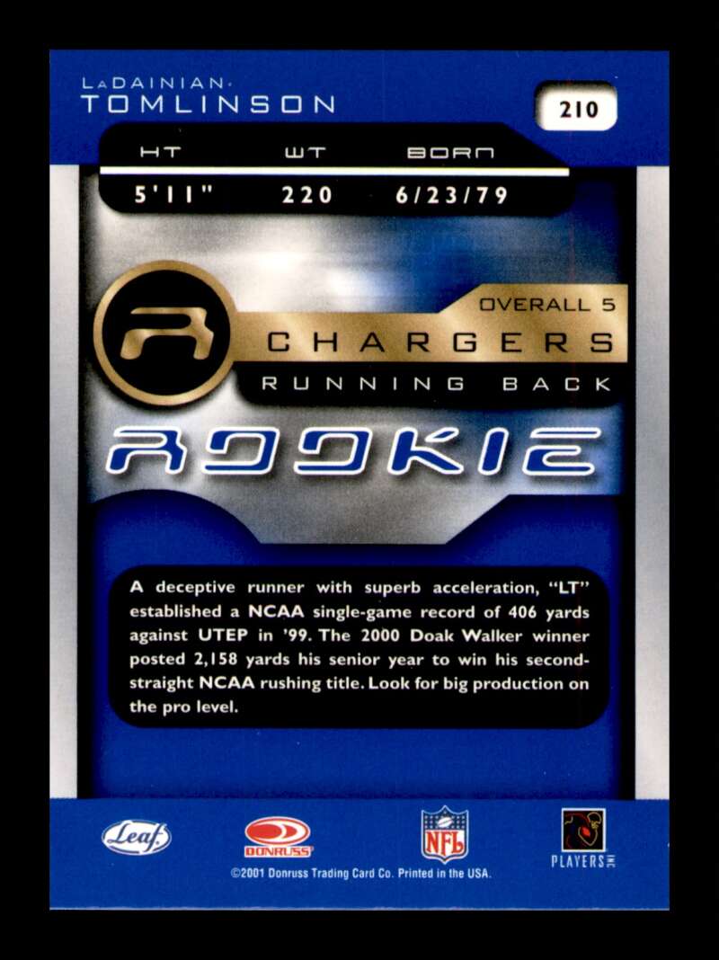 Load image into Gallery viewer, 2001 Quantum Leaf LaDainian Tomlinson #210 Rookie RC San Diego Chargers  Image 2
