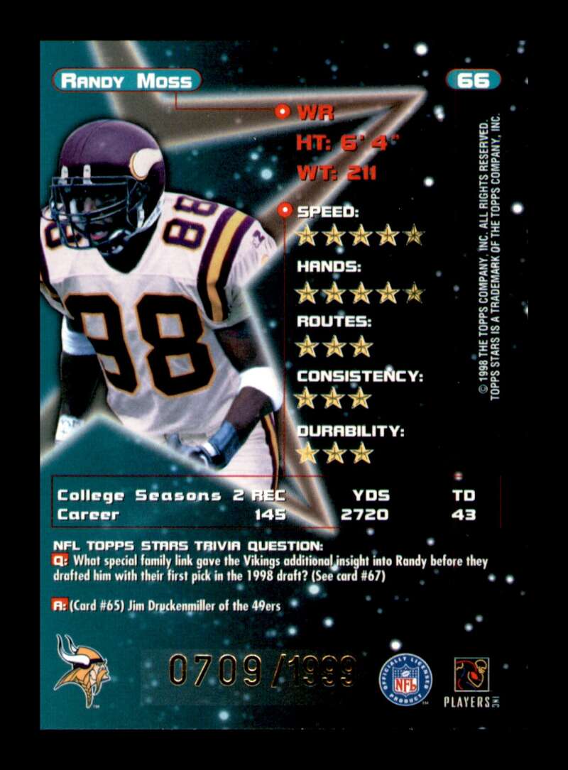 Load image into Gallery viewer, 1998 Topps Stars Gold Randy Moss #66 Rookie RC /1999 Minnesota Vikings  Image 2
