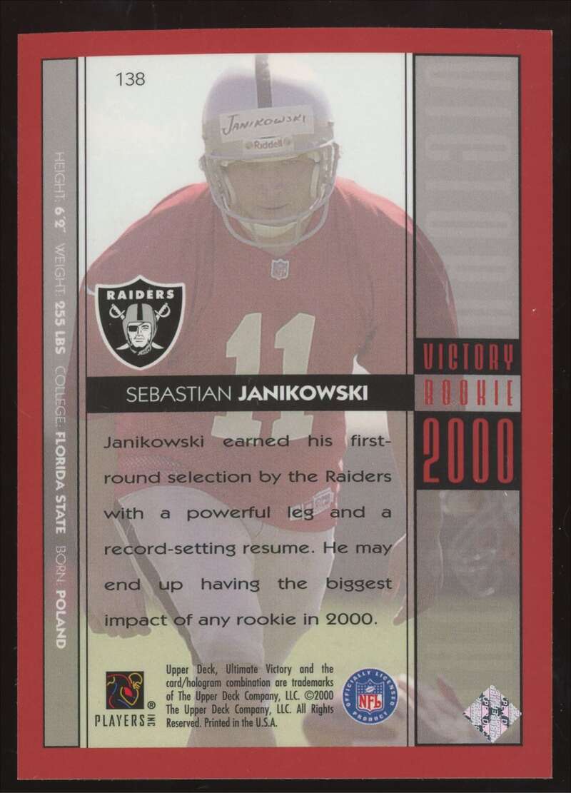 Load image into Gallery viewer, 2000 Upper Deck Ultimate Victory Sebastian Janikowski #138 Rookie RC /2000 Oakland Raiders  Image 2
