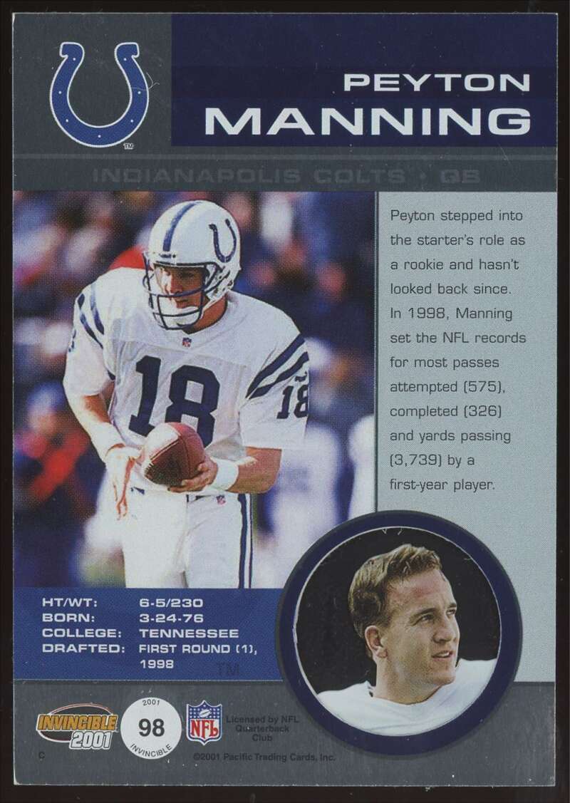 Load image into Gallery viewer, 2001 Pacific Invincible Peyton Manning #98 SP /1000 Indianapolis Colts  Image 2
